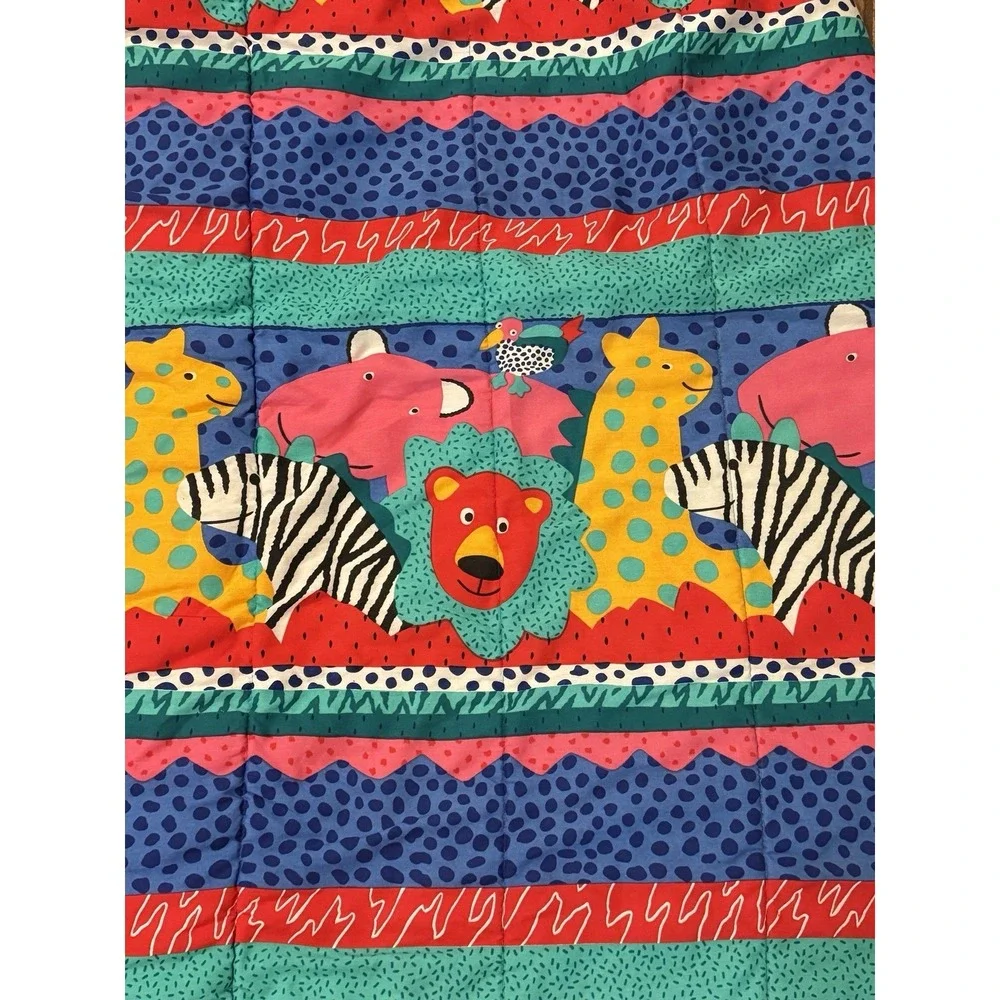 Twin Vintage 80's Quilt Comforter Zoo Safari Circus Animal Elephant Monkey 88x62